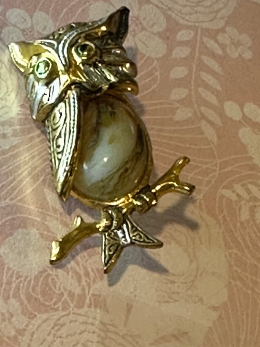VINTAGE Owl Brooch Damascene Rare and Exquisite with Venetian Glass Belly Art